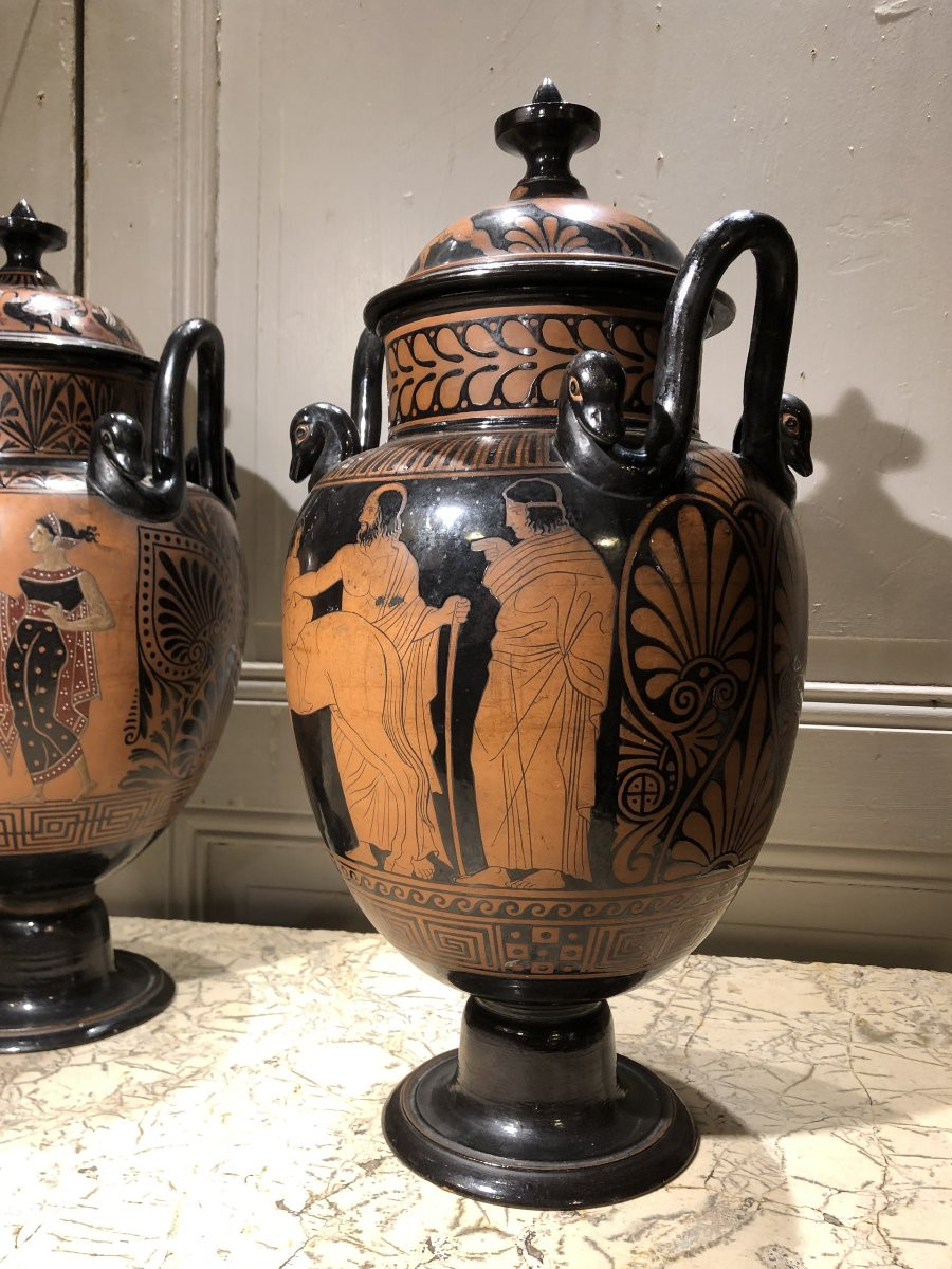 Paire de vases Etrusque en terre cuite peinte, Grand Tour XIX° siècle -photo-5