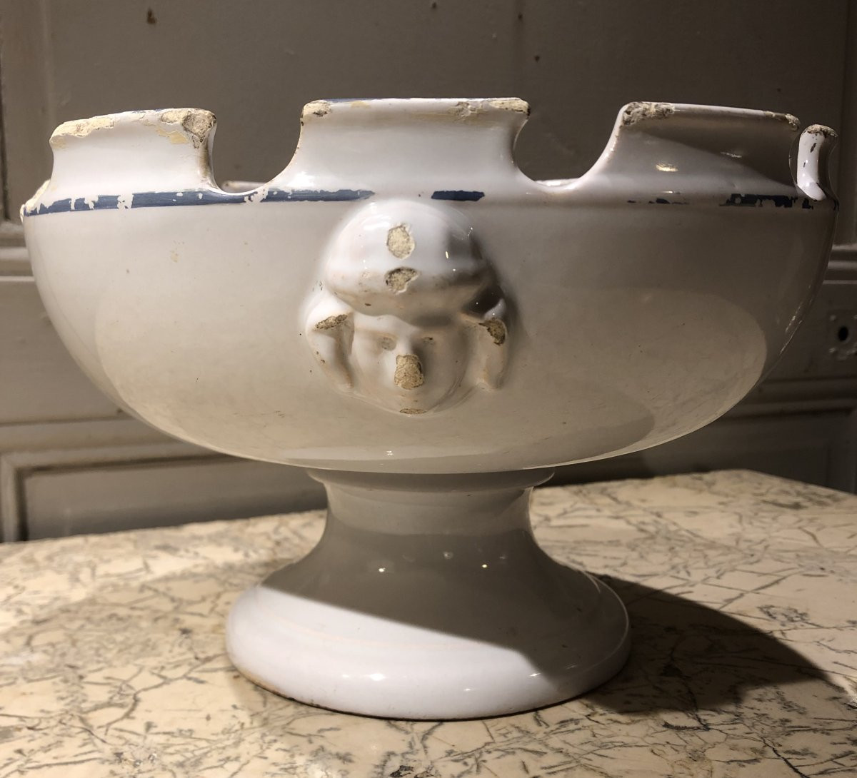 White Earthenware Bowl On A Pedestal With A Blue Rim, 18th Century -photo-2