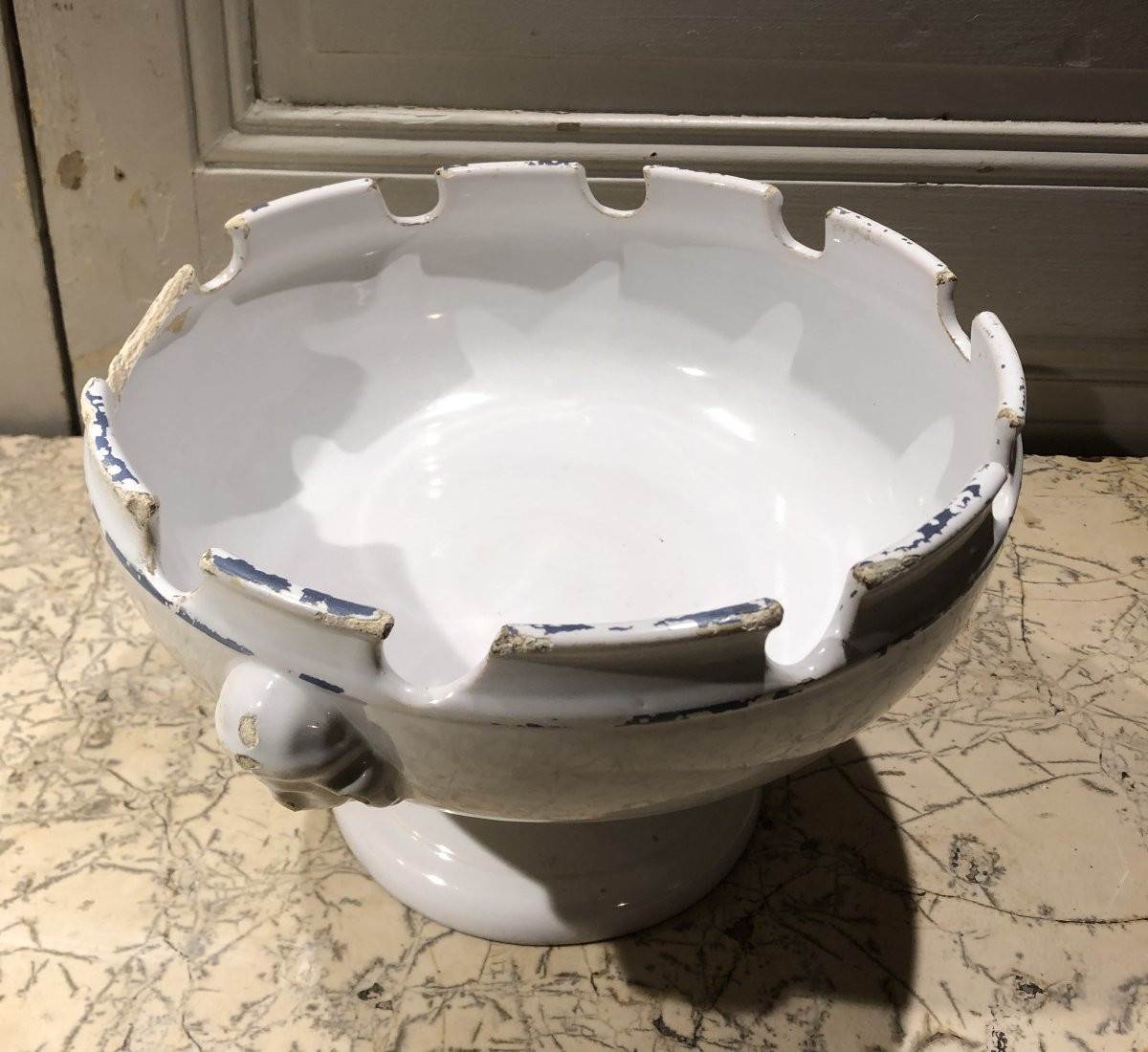 White Earthenware Bowl On A Pedestal With A Blue Rim, 18th Century -photo-3