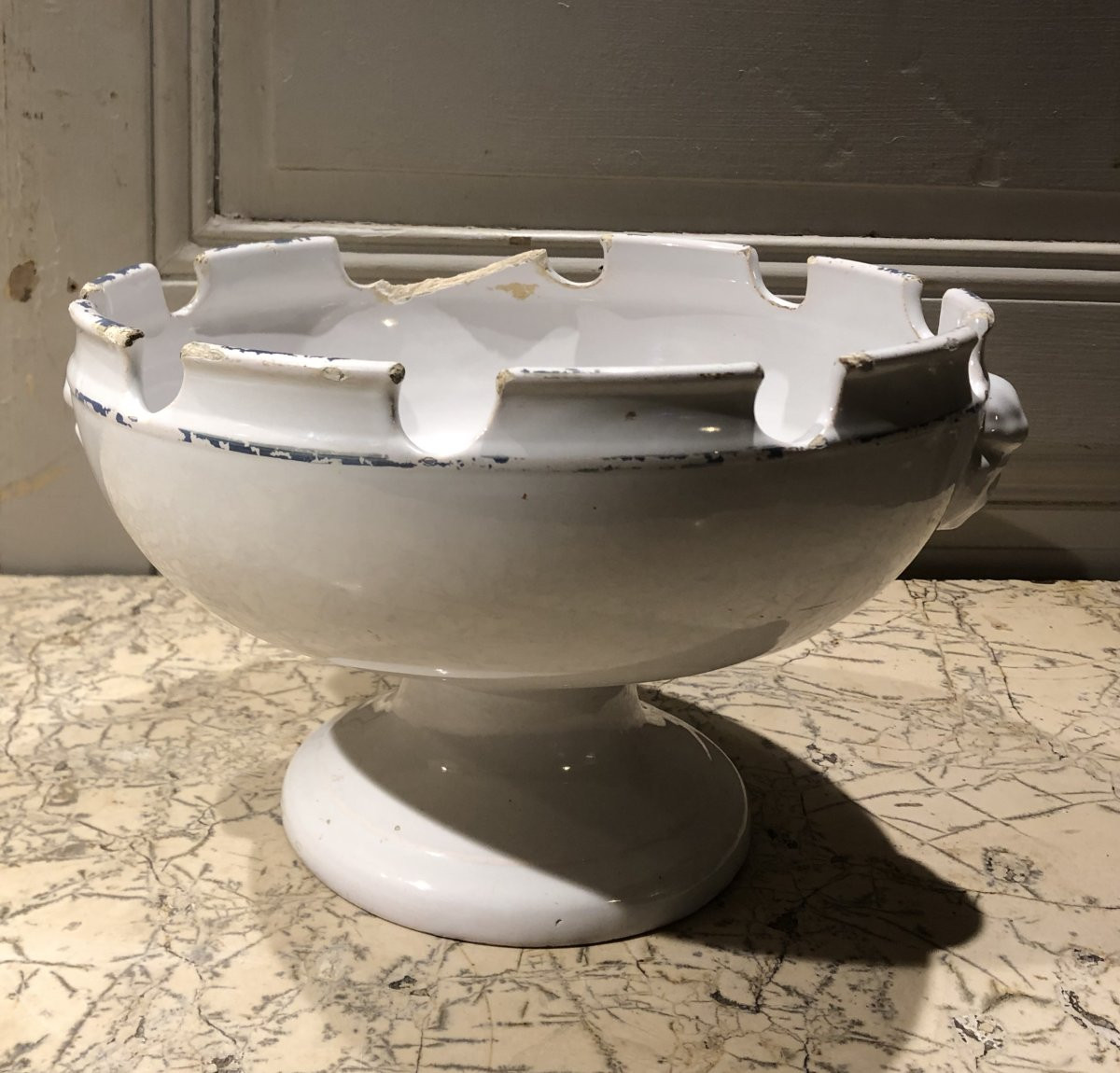 White Earthenware Bowl On A Pedestal With A Blue Rim, 18th Century -photo-4