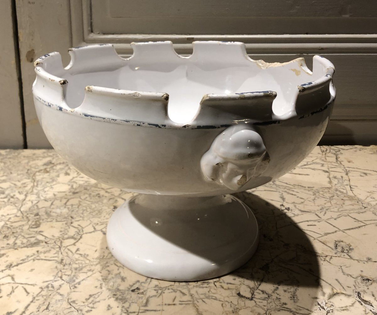 White Earthenware Bowl On A Pedestal With A Blue Rim, 18th Century -photo-1