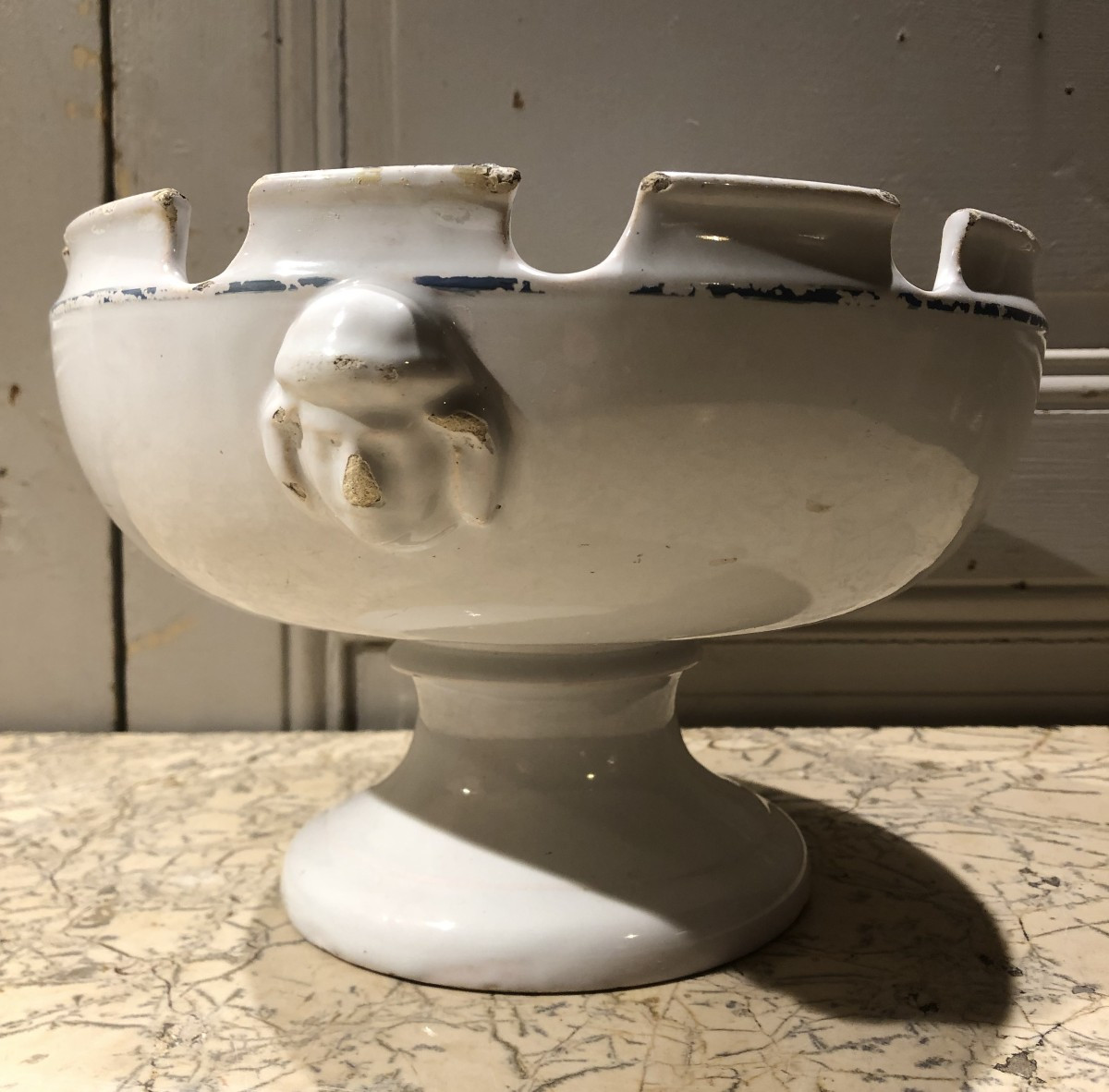 White Earthenware Bowl On A Pedestal With A Blue Rim, 18th Century 