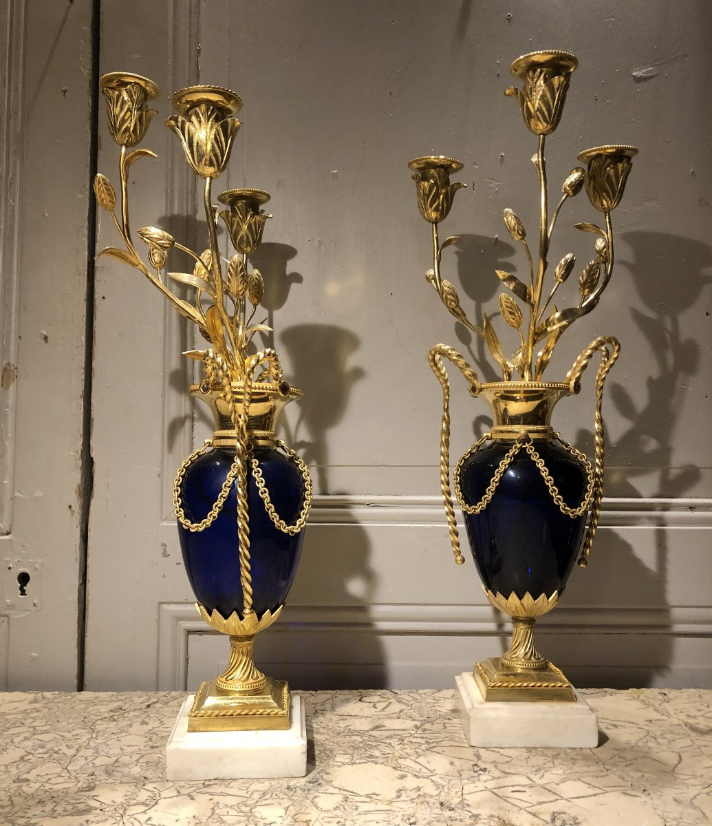 Pair Of Louis XVI Style Gilt Bronze And Blue Glass Candlesticks With Fleur-de-lis Motifs, 18th Century-photo-2
