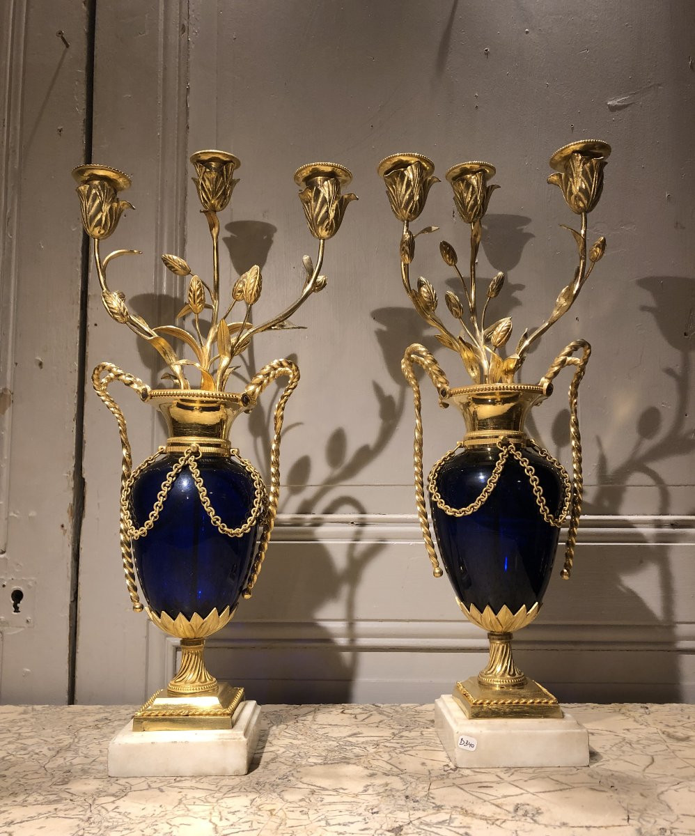 Pair Of Louis XVI Style Gilt Bronze And Blue Glass Candlesticks With Fleur-de-lis Motifs, 18th Century-photo-4