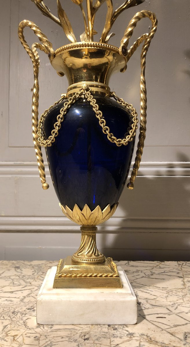 Pair Of Louis XVI Style Gilt Bronze And Blue Glass Candlesticks With Fleur-de-lis Motifs, 18th Century-photo-2