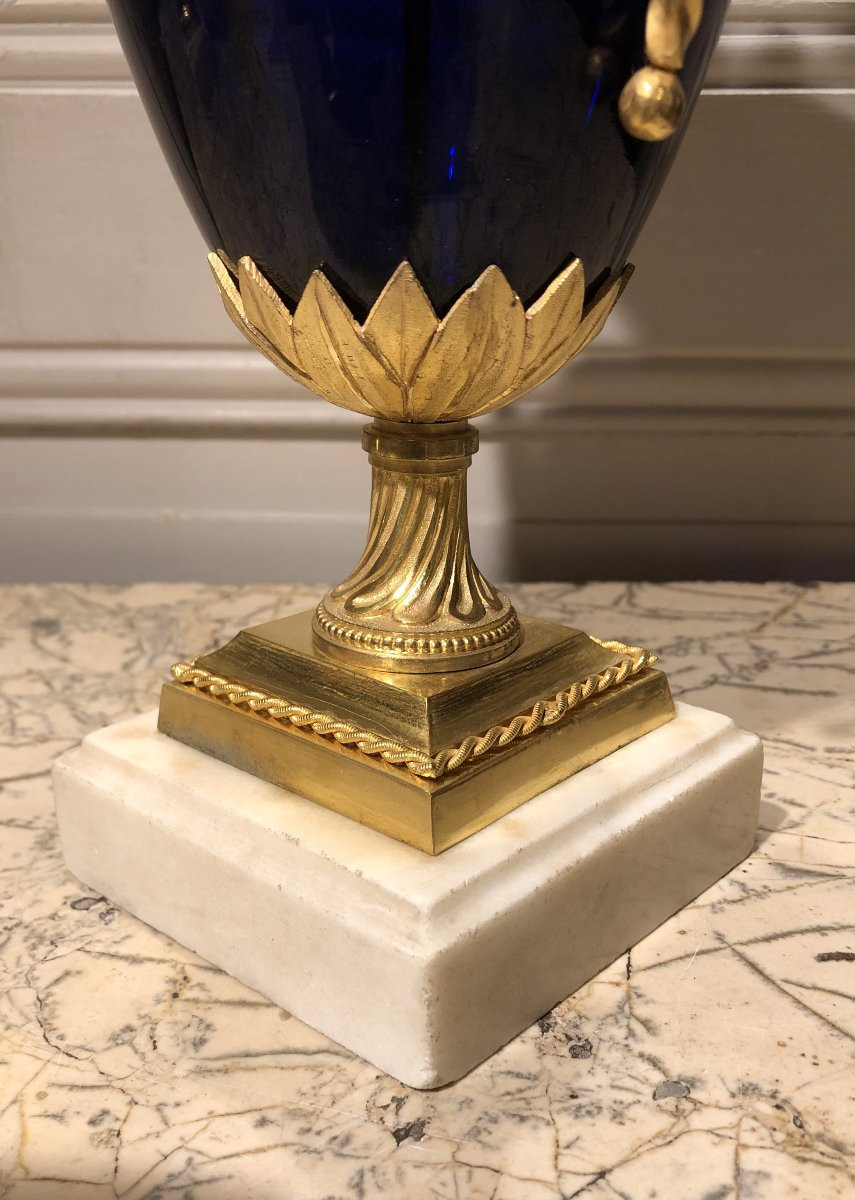 Pair Of Louis XVI Style Gilt Bronze And Blue Glass Candlesticks With Fleur-de-lis Motifs, 18th Century-photo-4