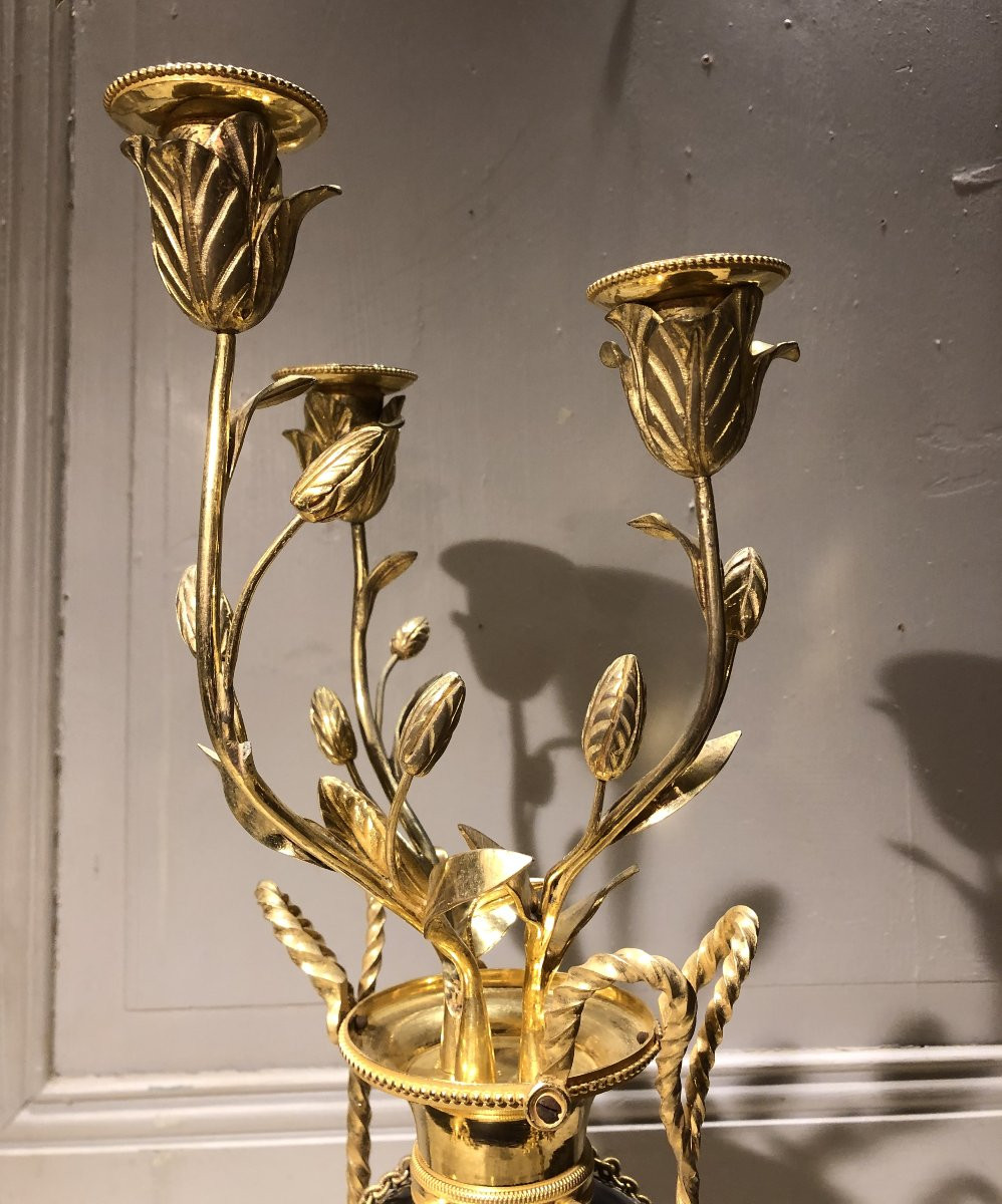 Pair Of Louis XVI Style Gilt Bronze And Blue Glass Candlesticks With Fleur-de-lis Motifs, 18th Century-photo-6