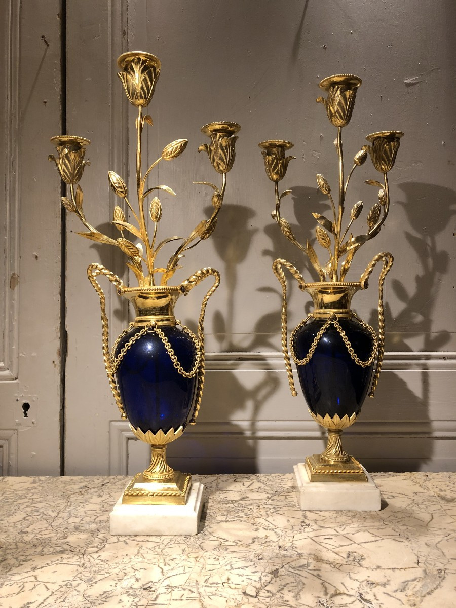 Pair Of Louis XVI Style Gilt Bronze And Blue Glass Candlesticks With Fleur-de-lis Motifs, 18th Century