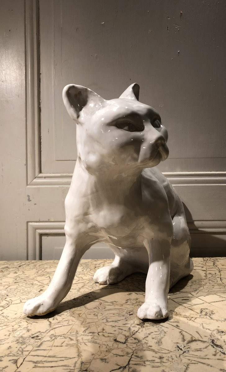 Chat assis en terre cuite à couverte blanche -photo-4