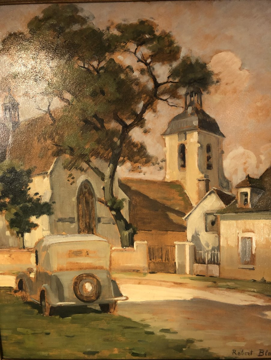 "Clocher de Percey" signé Robert Blot et daté 1942 huile sur panneau-photo-2
