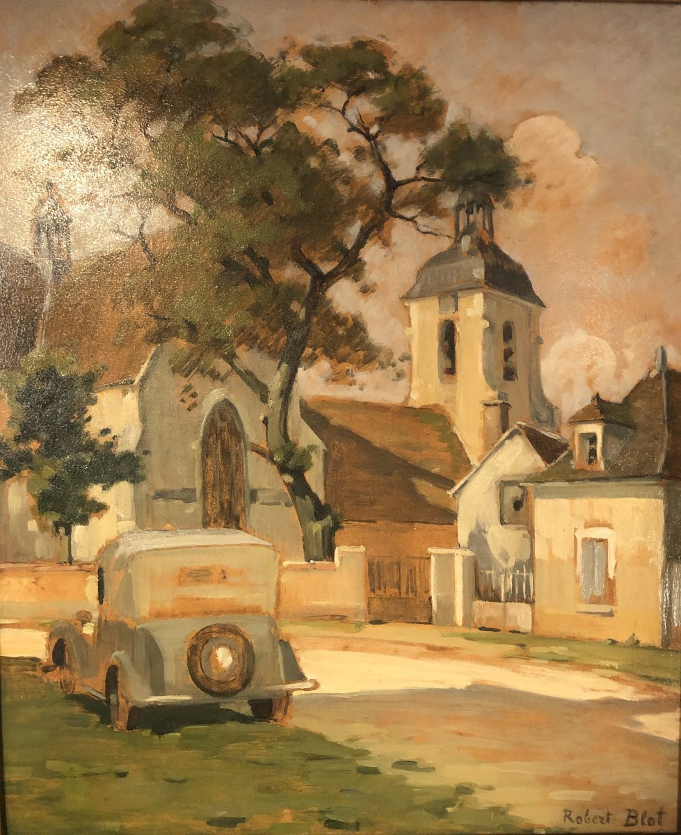 "Clocher de Percey" signé Robert Blot et daté 1942 huile sur panneau-photo-3