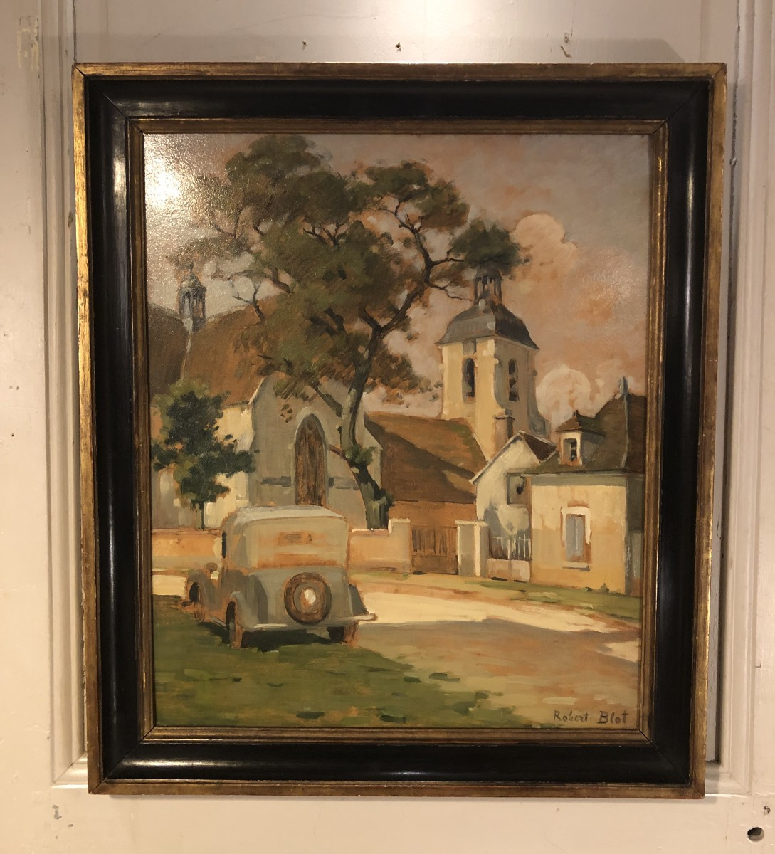"Clocher de Percey" signé Robert Blot et daté 1942 huile sur panneau