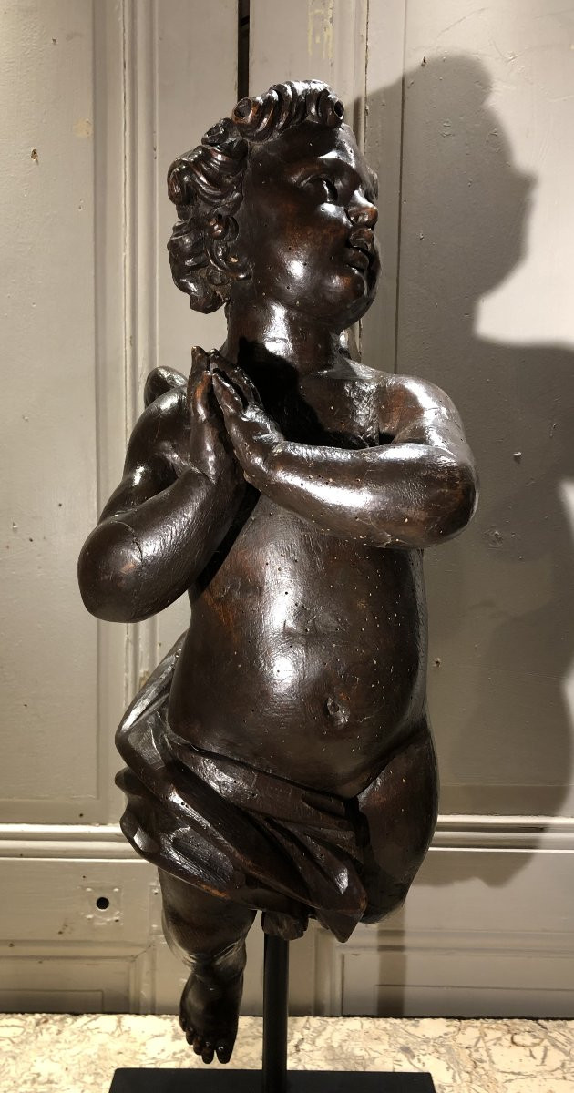 Paire d'anges en bois sculpté et ciré XVIII° siècle -photo-3