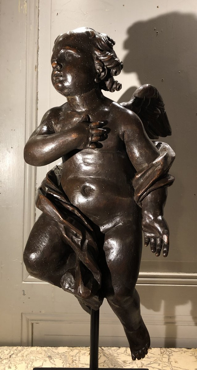 Paire d'anges en bois sculpté et ciré XVIII° siècle -photo-1