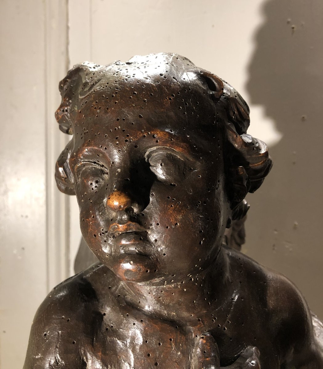 Paire d'anges en bois sculpté et ciré XVIII° siècle -photo-2
