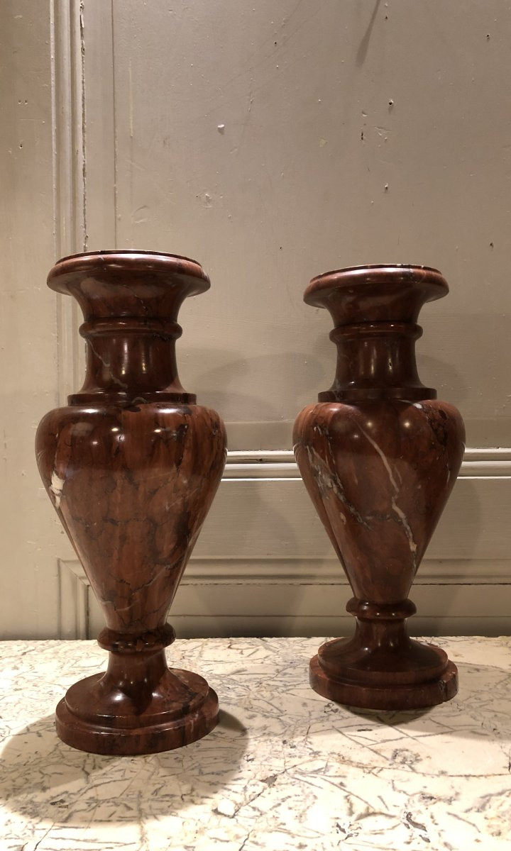 Pair Of Griotte Red Marble Vases In The Style Of Antiquity, 19th Century -photo-2