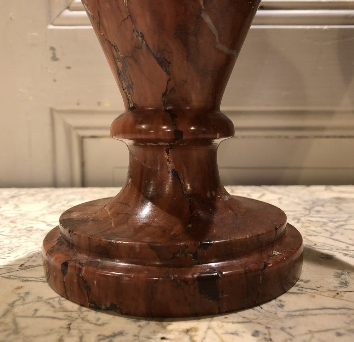 Pair Of Griotte Red Marble Vases In The Style Of Antiquity, 19th Century -photo-3