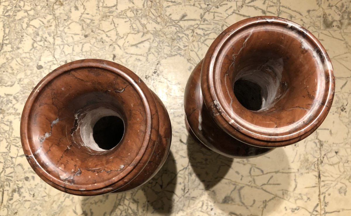 Pair Of Griotte Red Marble Vases In The Style Of Antiquity, 19th Century -photo-2