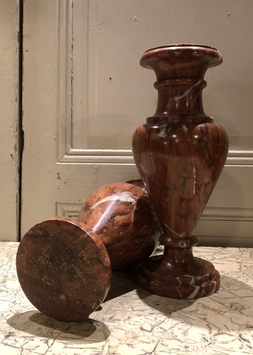 Pair Of Griotte Red Marble Vases In The Style Of Antiquity, 19th Century -photo-4