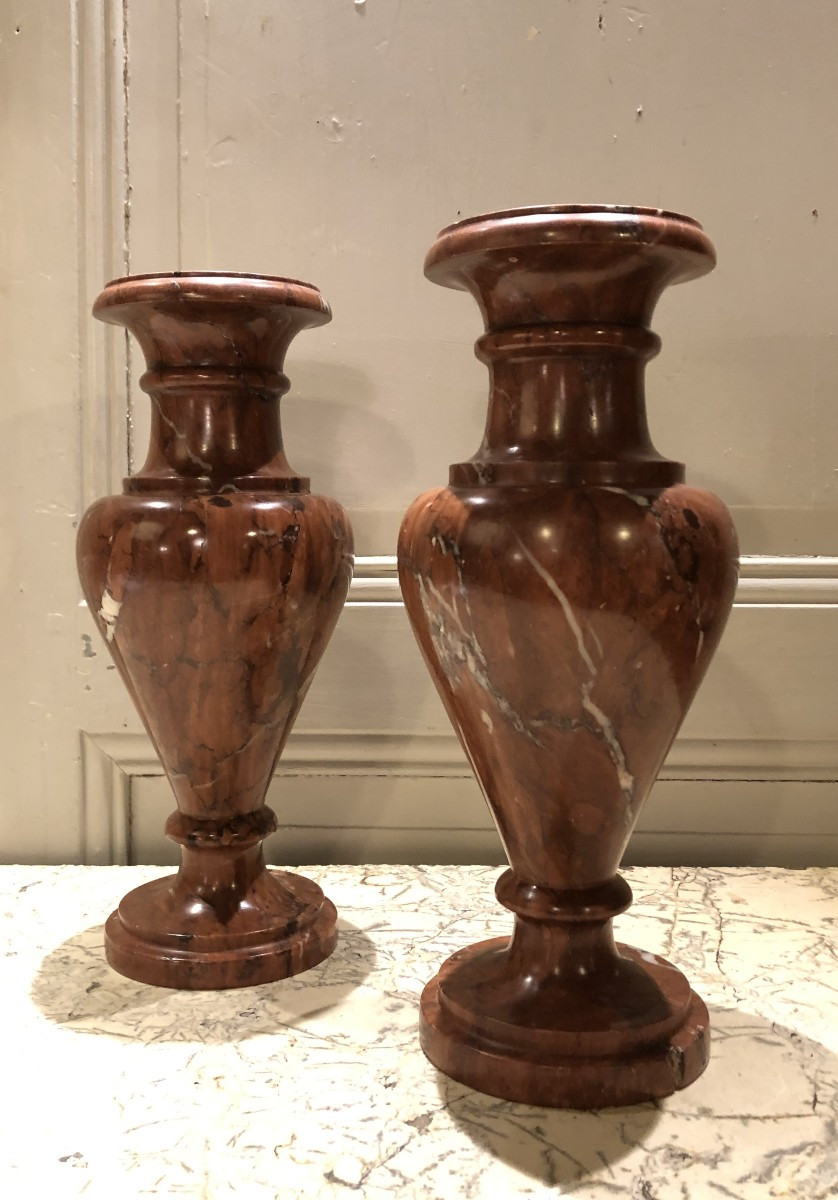 Pair Of Griotte Red Marble Vases In The Style Of Antiquity, 19th Century 