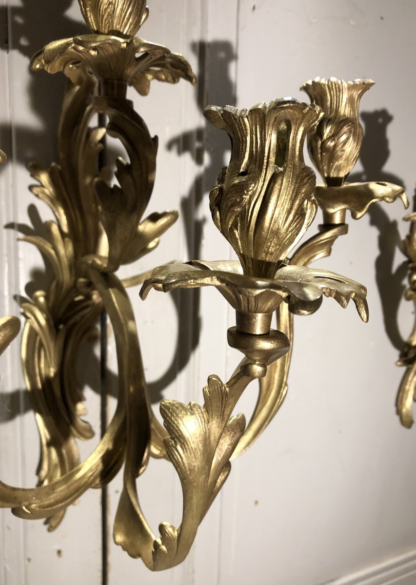 Pair Of Louis XV Style Gilt Bronze Wall Sconces With Four Lights -photo-3