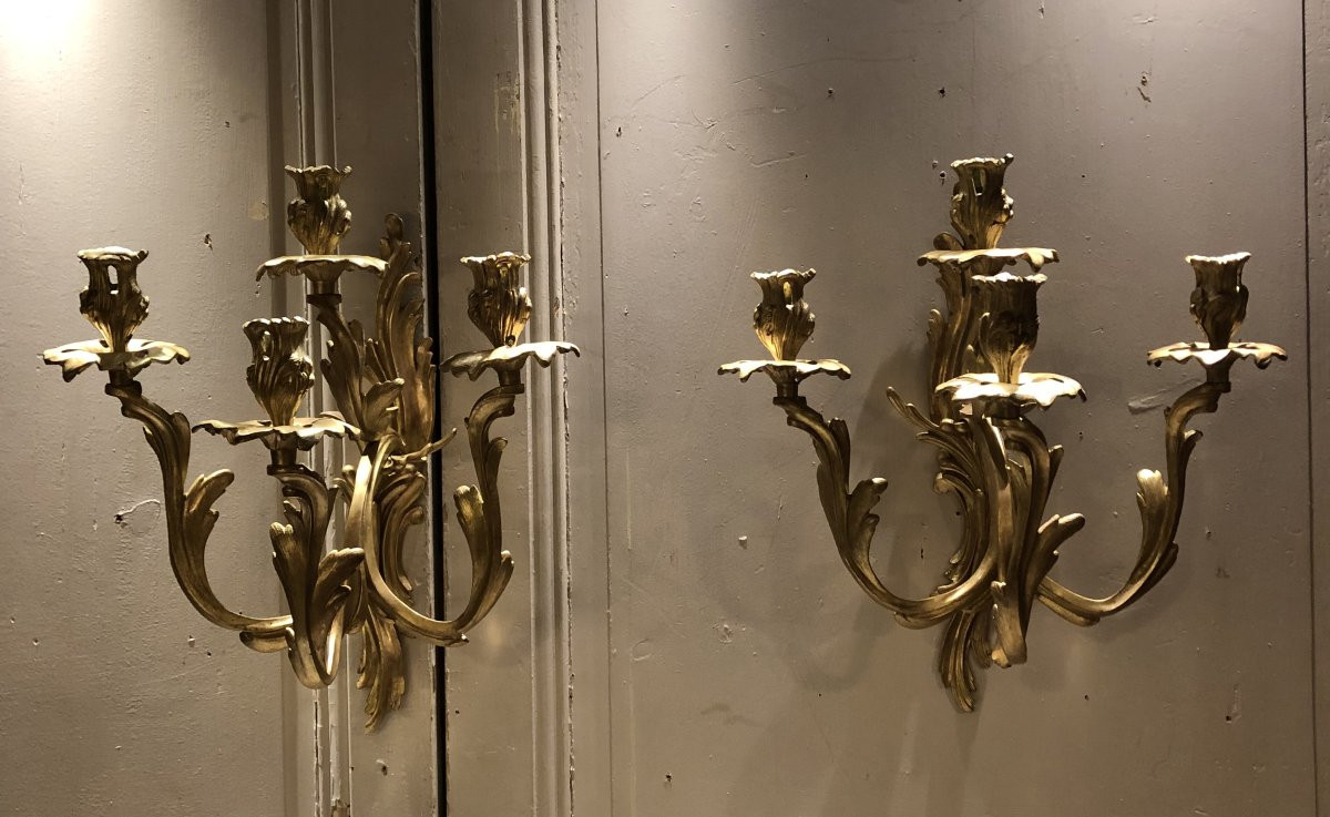 Pair Of Louis XV Style Gilt Bronze Wall Sconces With Four Lights -photo-1