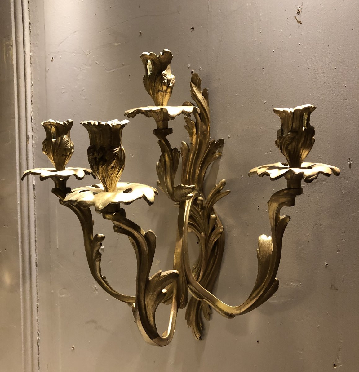 Pair Of Louis XV Style Gilt Bronze Wall Sconces With Four Lights -photo-2