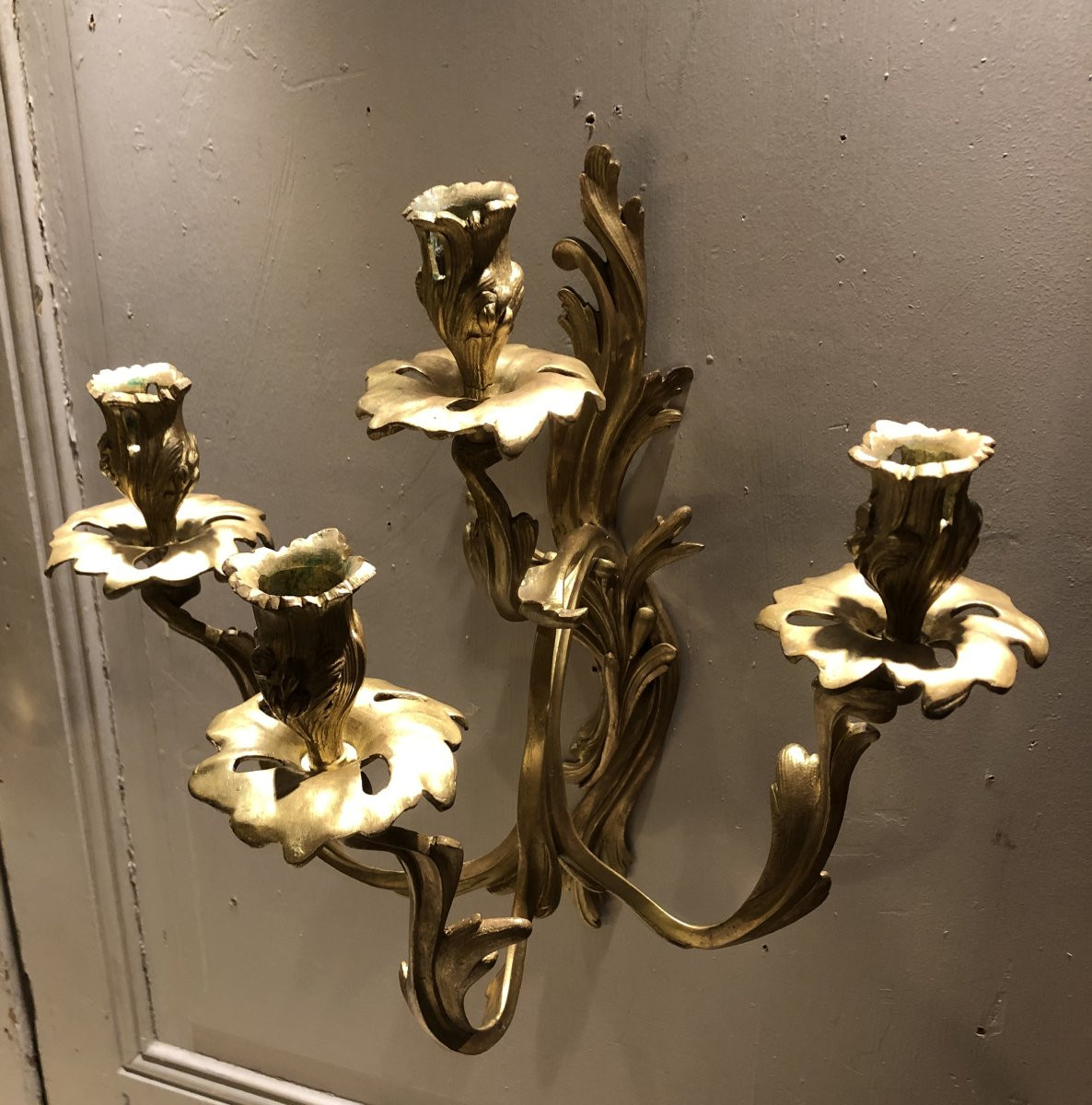 Pair Of Louis XV Style Gilt Bronze Wall Sconces With Four Lights -photo-3