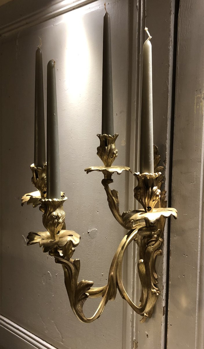 Pair Of Louis XV Style Gilt Bronze Wall Sconces With Four Lights -photo-7