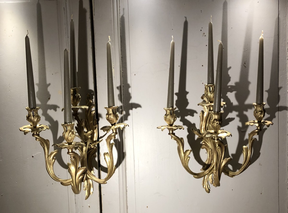 Pair Of Louis XV Style Gilt Bronze Wall Sconces With Four Lights 