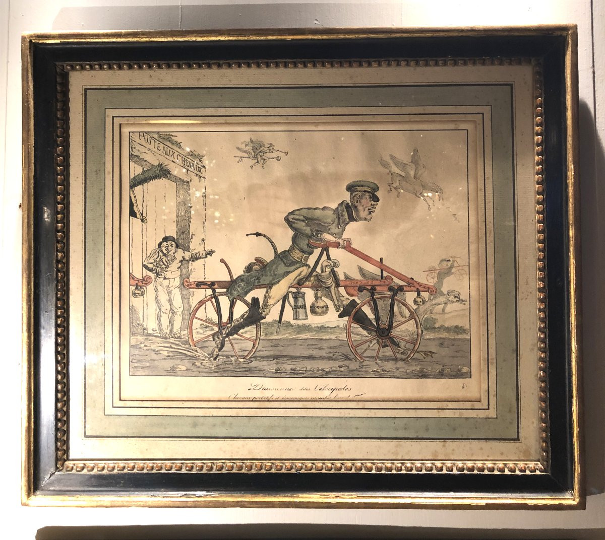 Draisienne, v&eacute;locip&egrave;de, deux gravures color&eacute;es, caricatures vers 1820-photo-2