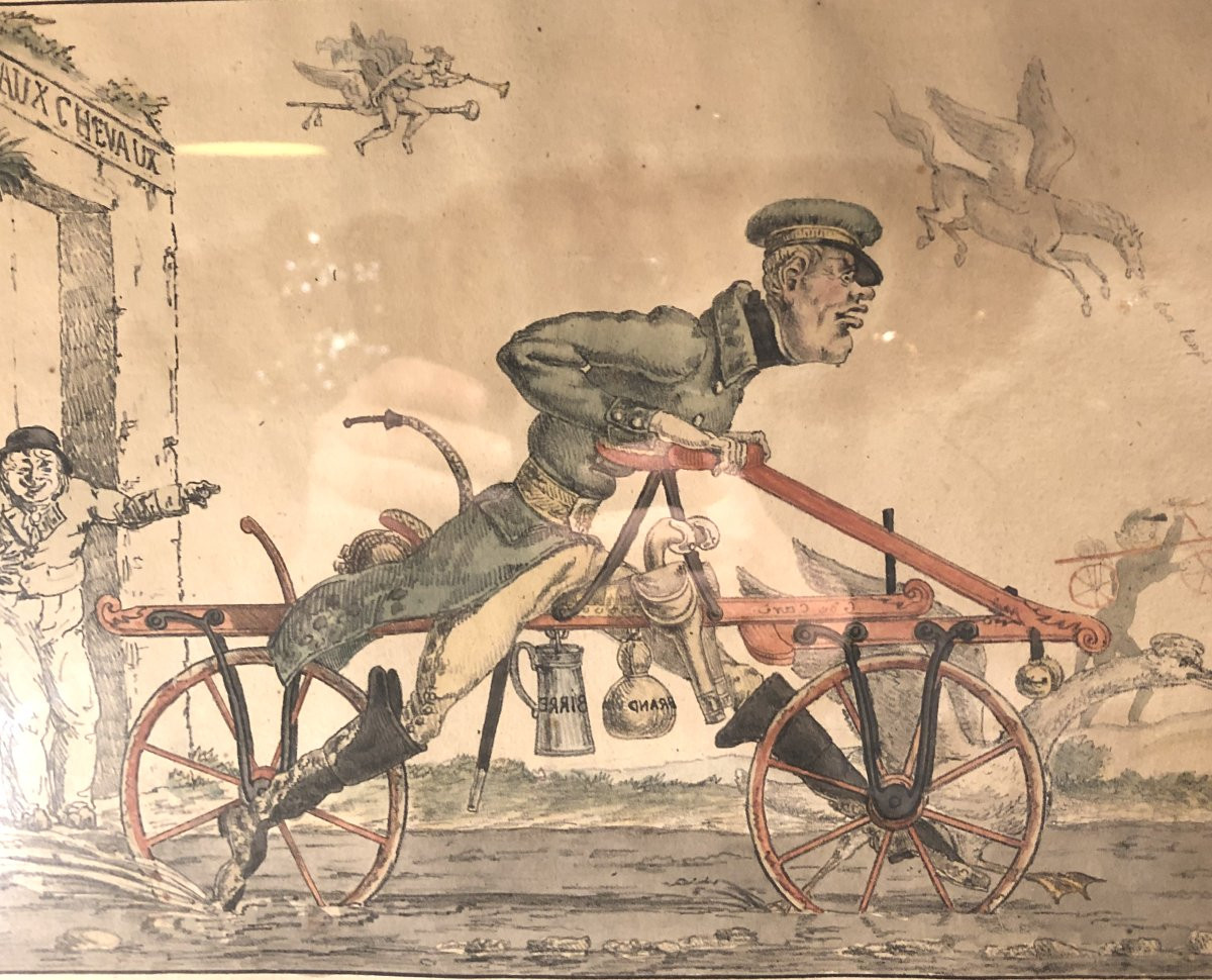 Draisienne, v&eacute;locip&egrave;de, deux gravures color&eacute;es, caricatures vers 1820-photo-3