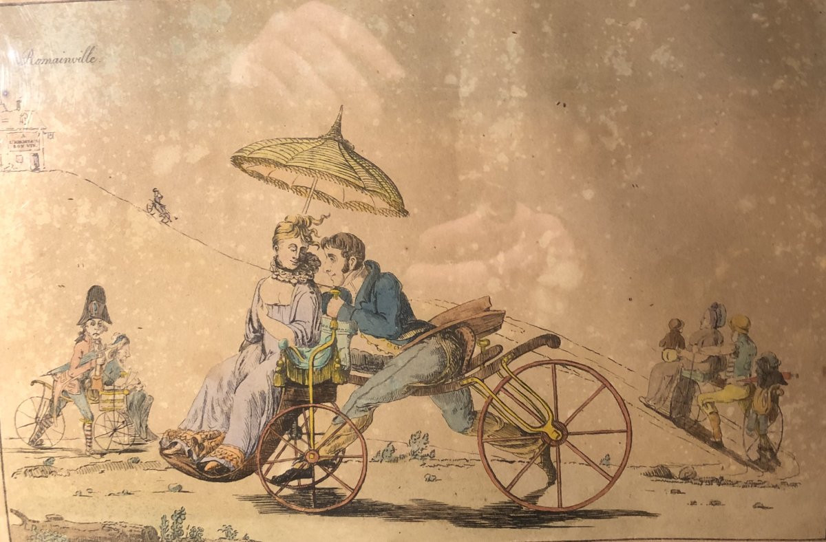 Draisienne, v&eacute;locip&egrave;de, deux gravures color&eacute;es, caricatures vers 1820-photo-2