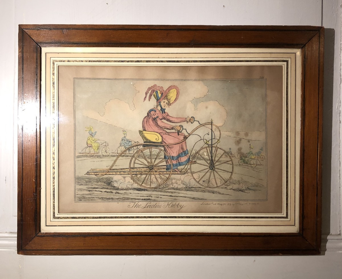 Draisienne, vélocipède, "The Ladies hobby" gravure colorée, caricatures vers 1820