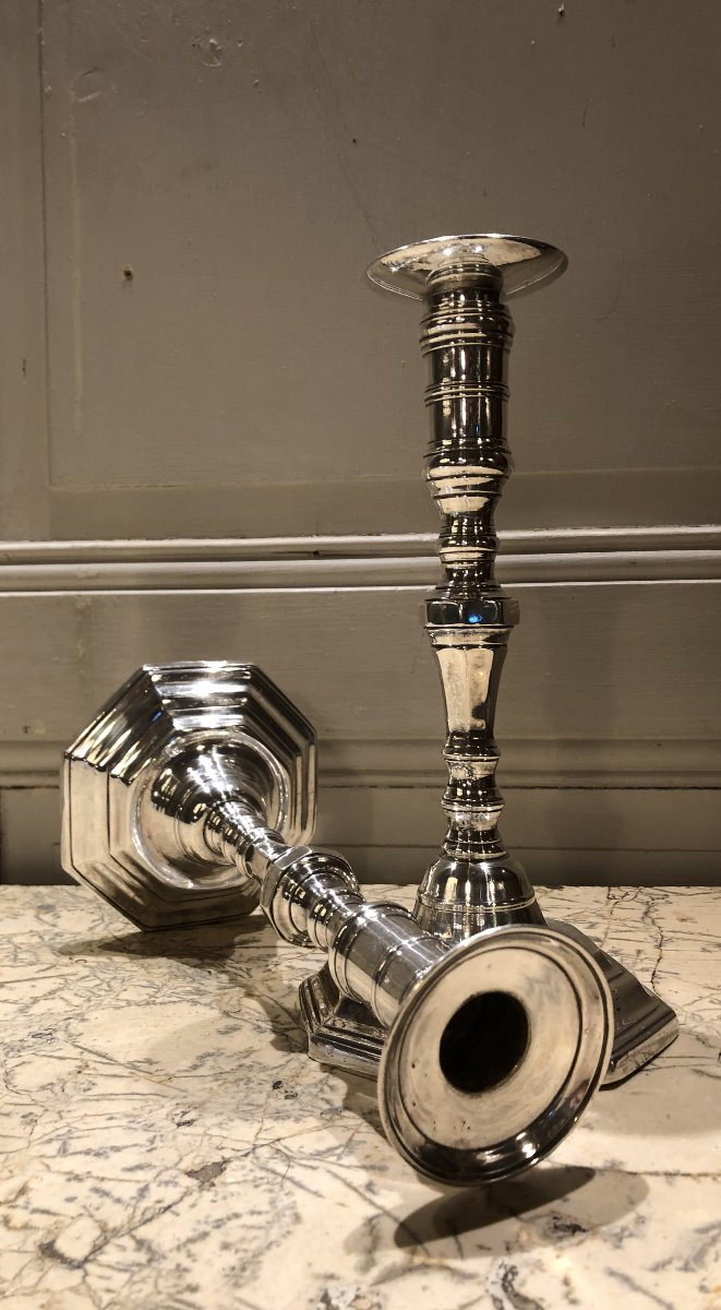 paire de flambeaux Louis XIV en métal argenté XVIII° siècle -photo-3