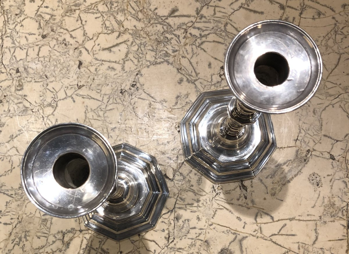 paire de flambeaux Louis XIV en métal argenté XVIII° siècle -photo-3