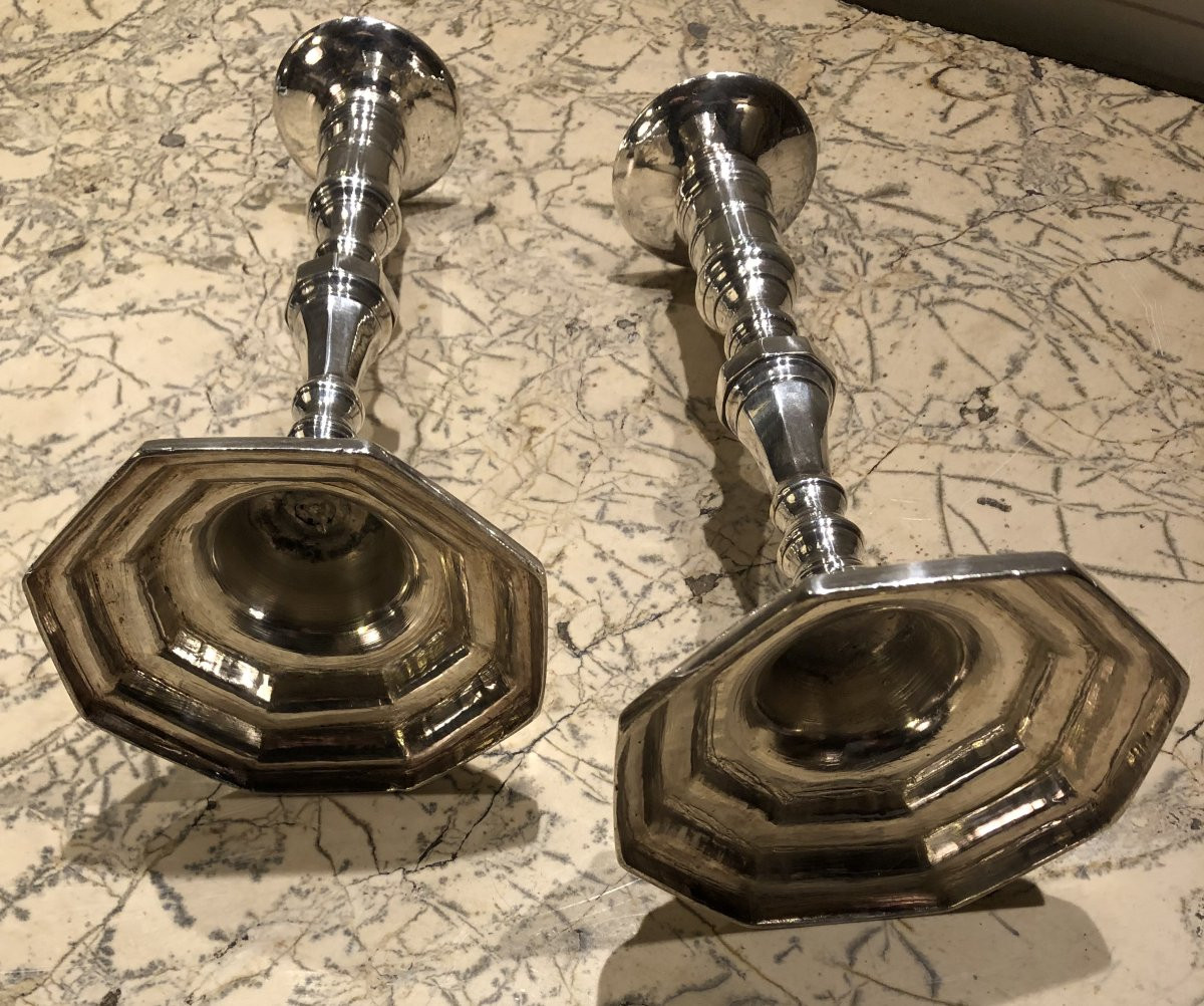 paire de flambeaux Louis XIV en métal argenté XVIII° siècle -photo-4