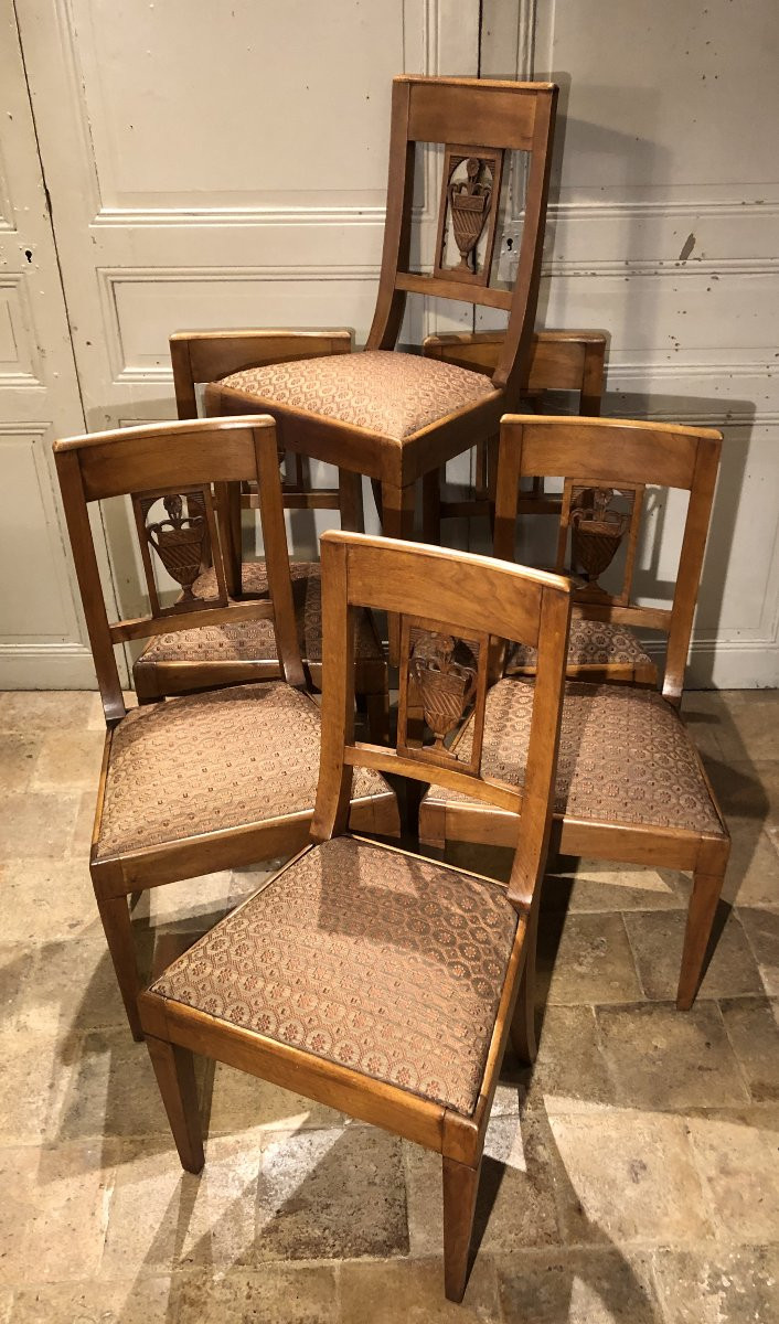 Suite Of 6 Empire Chairs With Etruscan Vase In Walnut 19th Century -photo-3