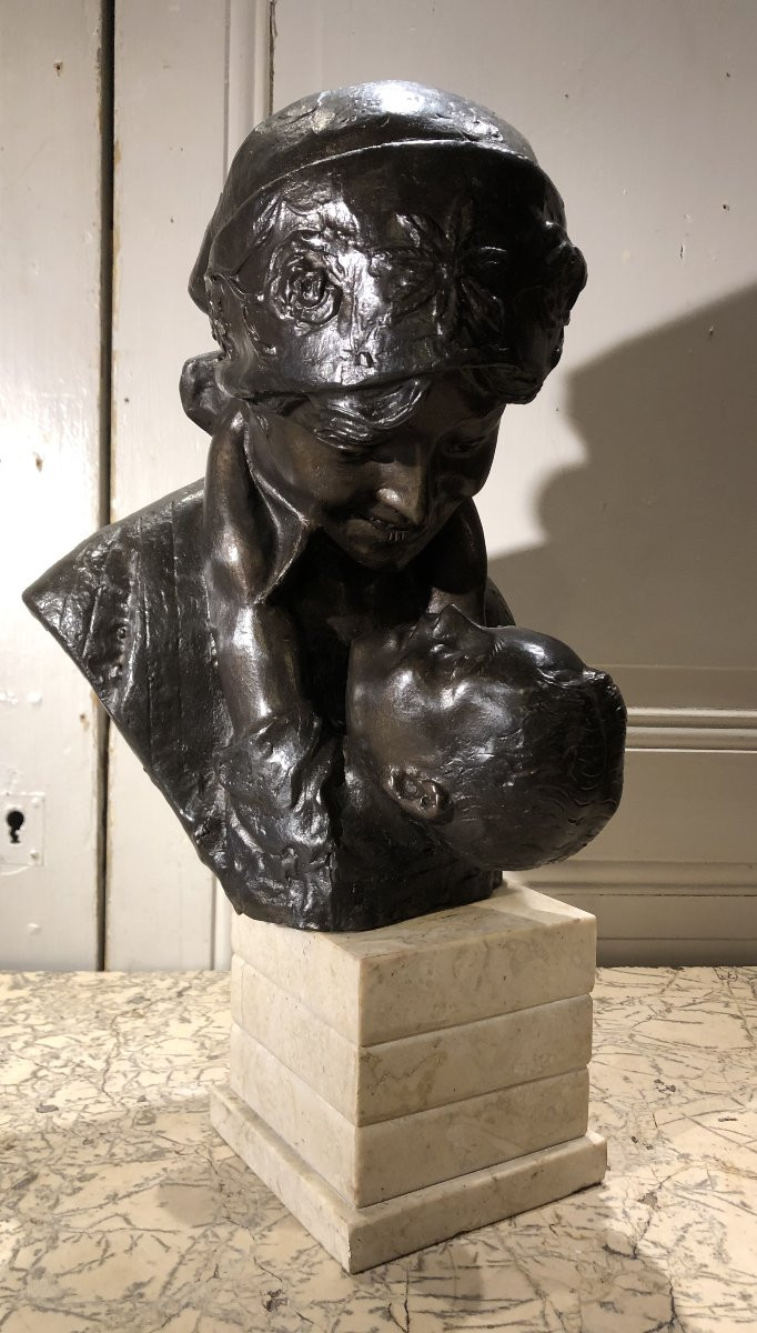 Maternité Art-déco en bronze patiné signée Merente vers 1920-photo-3