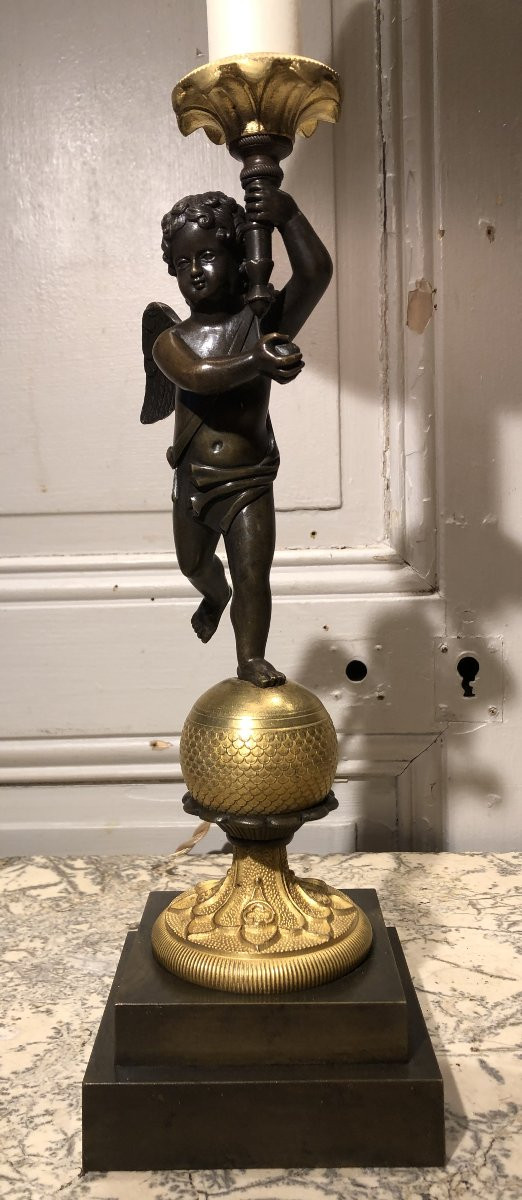 Lampe à l'ange Empire en bronze doré et patiné XIX° siècle -photo-2