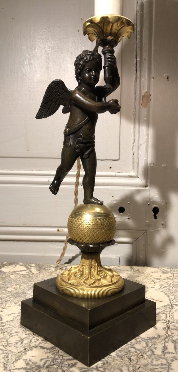 Lampe à l'ange Empire en bronze doré et patiné XIX° siècle -photo-2