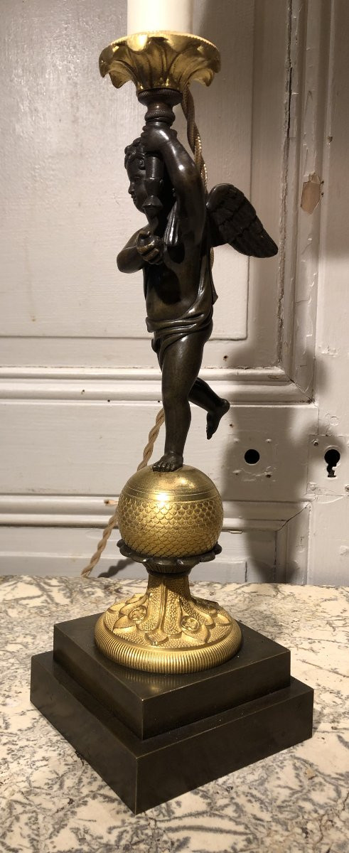 Lampe à l'ange Empire en bronze doré et patiné XIX° siècle -photo-5