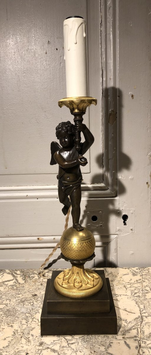 Lampe à l'ange Empire en bronze doré et patiné XIX° siècle -photo-8