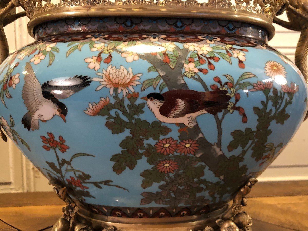 Jardinière En émaux Cloisonnés Et Bronzes Japonisants Aux Dragons-photo-3