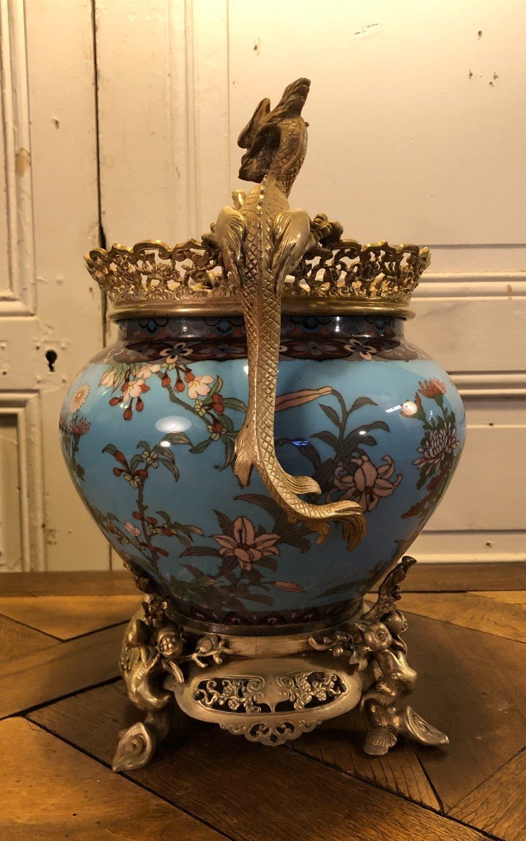 Jardinière En émaux Cloisonnés Et Bronzes Japonisants Aux Dragons-photo-2