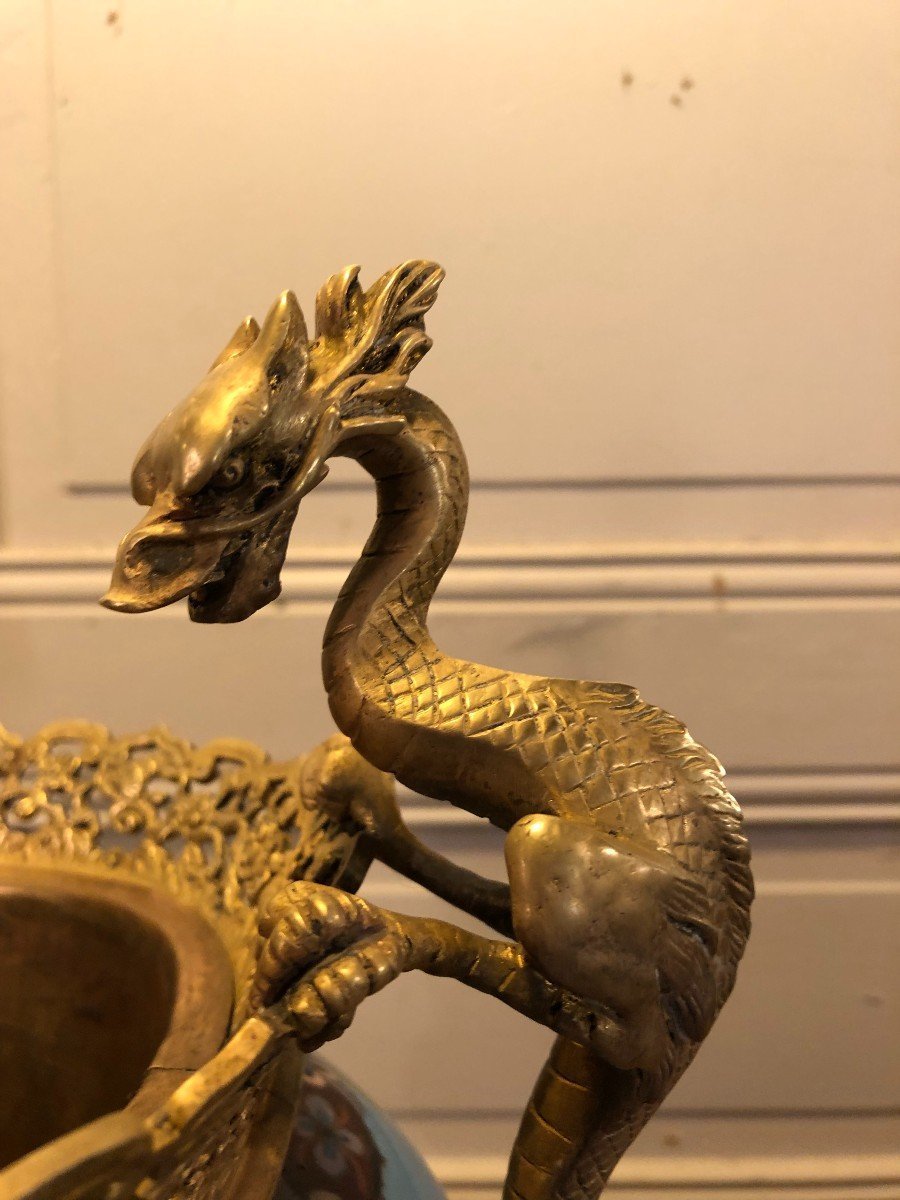 Jardinière En émaux Cloisonnés Et Bronzes Japonisants Aux Dragons-photo-5