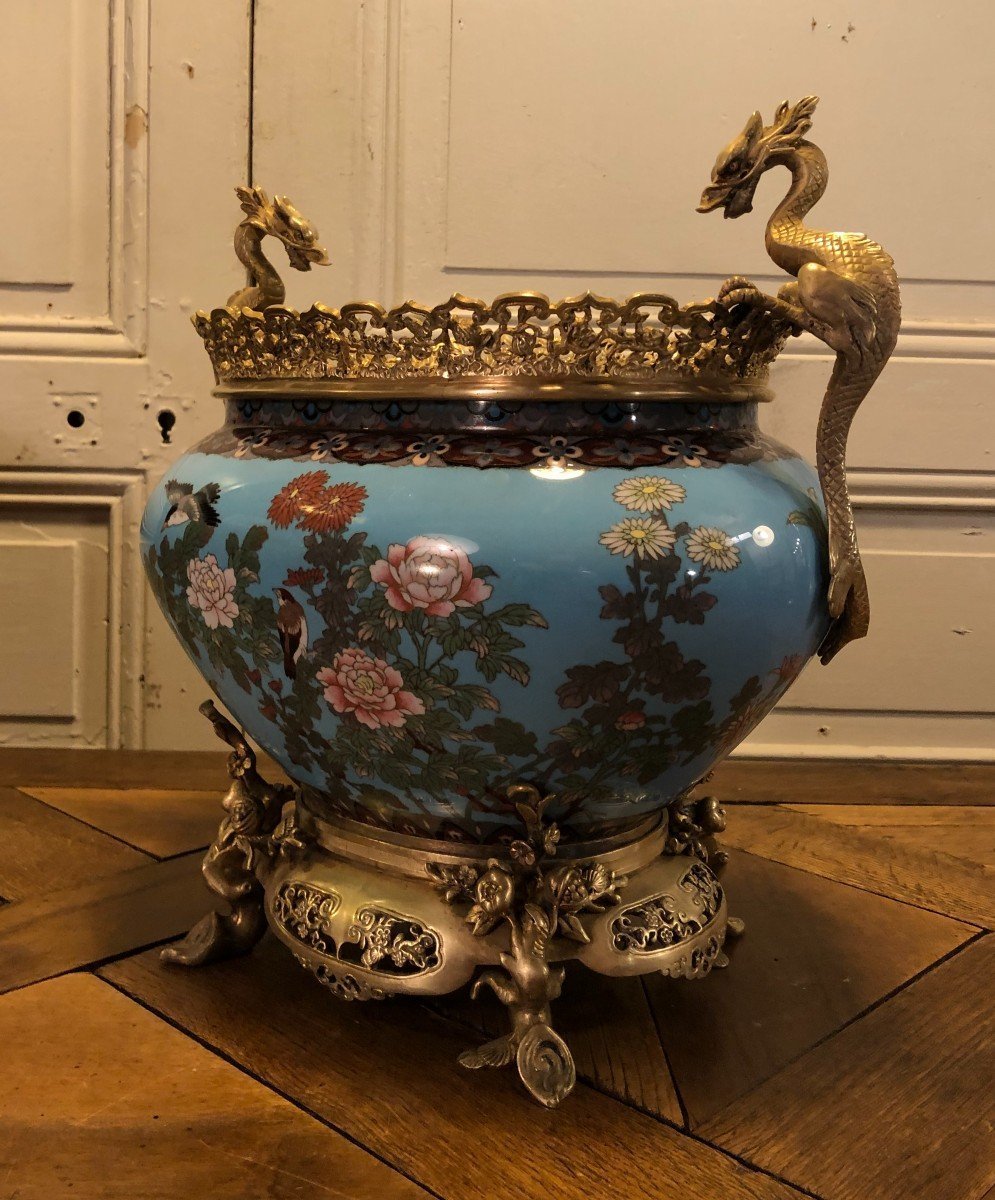 Jardinière En émaux Cloisonnés Et Bronzes Japonisants Aux Dragons-photo-6