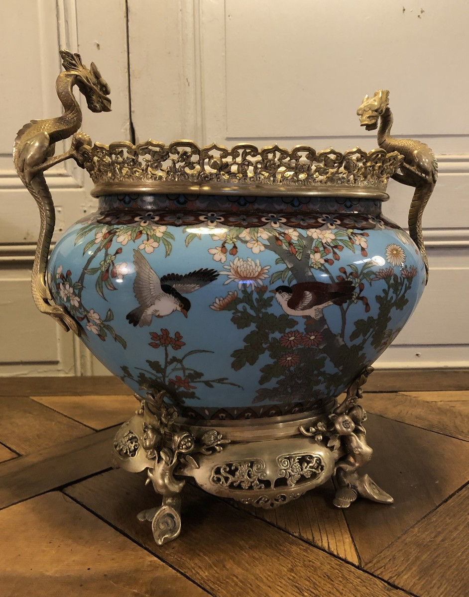 Jardinière En émaux Cloisonnés Et Bronzes Japonisants Aux Dragons-photo-3