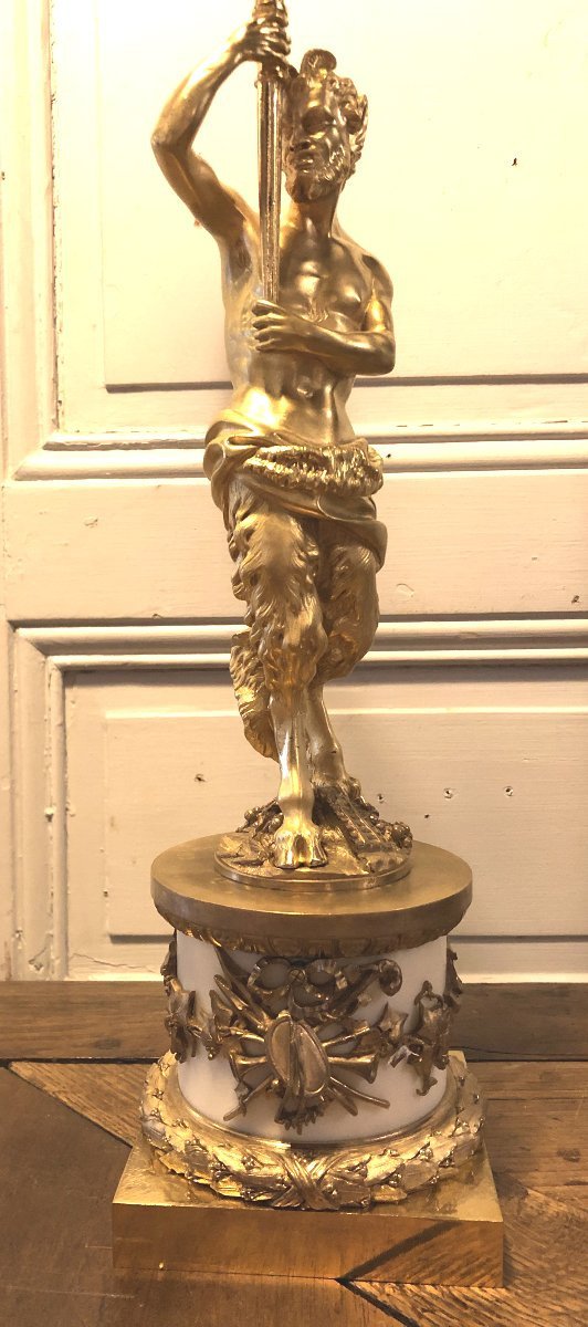 Pair Of Ormolu And White Marble Candelabra With Fauns And Musical Attributes-photo-2