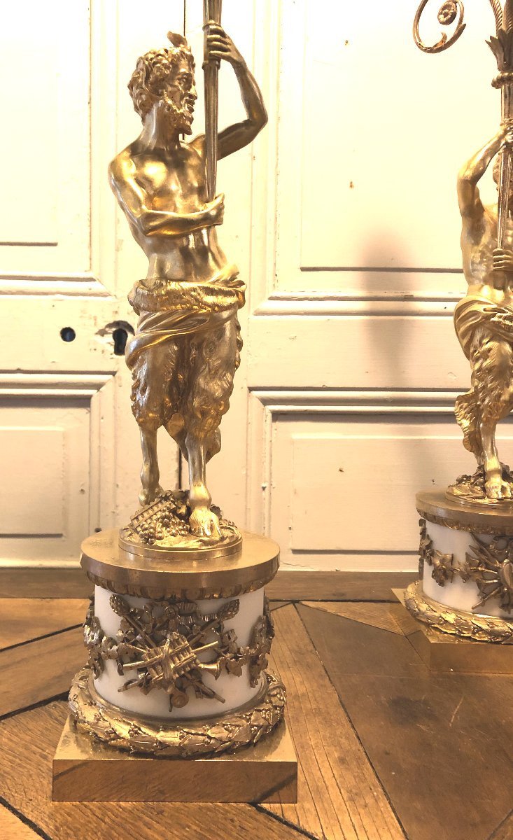 Pair Of Ormolu And White Marble Candelabra With Fauns And Musical Attributes-photo-1